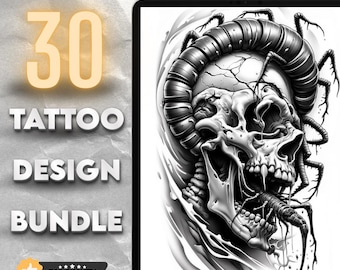30 Blackwork Skull Tattoo Designs • Horror Grunge Tattoo Flash (PNG Digital Download)