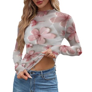 Pink Floral Mesh Long Sleeve Top Women | Sheer See Through Shirt | Fitted Y2K Aesthetic Blouse | XS-6XL Plus Size | Spring Summer