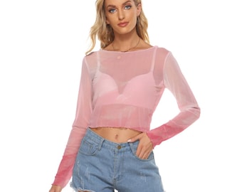 Y2K Rosa Ombre Mesh Crop Top | Transparent Långärmad Ravetröja