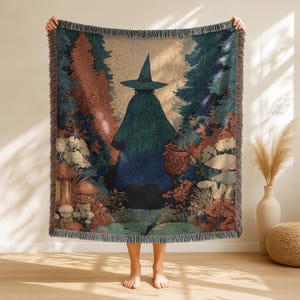 Woven Throw Blanket Forest Witch Design Mystical Gothic Tapestry Medieval Home Aesthetic Cozy Gift For Witchy Cottagecore Decor Lovers