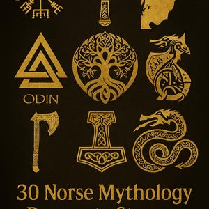 May include: Gold-colored illustrations of Norse mythology symbols on a black background. The image includes a variety of symbols such as axes, a tree, a dragon, and the word "ODIN". Text at the bottom reads "30 Norse Mythology Procreate Stamps".