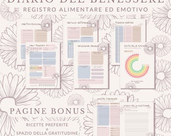 May include: A collection of printable journal pages with a floral background. The pages include sections for daily tracking, weekly reflections, and gratitude. Text includes "Daily Tracker", "Recipes", and "Gratitude Space". The color scheme is soft pastel tones.
