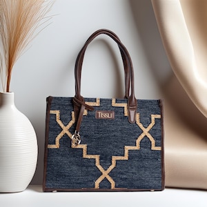 Blue & Tan Canvas Tote – Moroccan-Inspired Pattern – Vegan Leather Shoulder Bag for Women