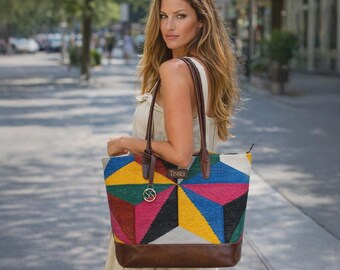 Handwoven Cotton Rug Tote Bag with Leather Handles | Boho Artisan Shoulder Bag