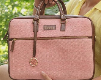 Peach Leather Laptop Bag for Women 15 Inch, Professional Cotton & Leather Office Work Tote