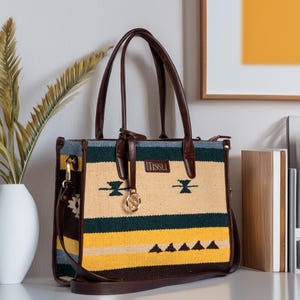 Tribal Pattern Tote Bag – TISSLI Handwoven Cotton & Leather Boho Shoulder Bag | Yellow Green Ethnic Purse | Artisan Handmade Everyday Tote