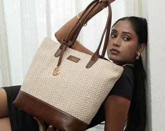 Handwoven Upcycled Cotton Tote Bag | Vegan Leather Work Shoulder Bag
