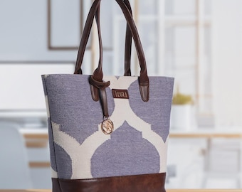 Personalized Cotton Tote Bag for Women, Large Custom Work Tote, Upcycled Handwoven Shoulder Bag, Laptop Tote, Eco-Friendly Office Bag