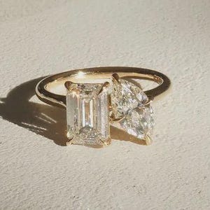 Two Stone Moissanite Ring, Toi Et Moi Engagement Ring, Pear Diamond Ring, 14K Yellow Gold Wedding Ring, Anniversary Gifts, Personalized Ring