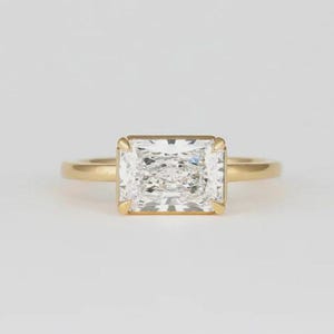 1.75 CT East To West Radiant Cut Solitaire-Iced Out Radiant Cut Moissanite-14k Solid Yellow Gold-Lovely Semi Bezel-Minimalist Bridal Jewelry