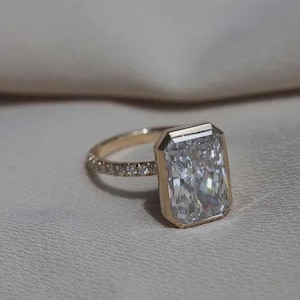 Bezel Set Moissanite Ring, Solitaire Diamond Ring, Radiant Cut Engagement Ring, 14K Yellow Gold Wedding Ring, Anniversary Personalized Gift