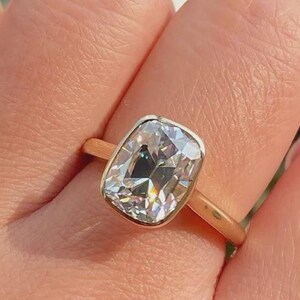 3.0 CT Old Mine Cushion Cut Solitaire_Bezel Set Moissanite Ring_14k Solid Yellow Gold Ring_1.8 MM Cathedral Band_Daily Wear Ring For Her