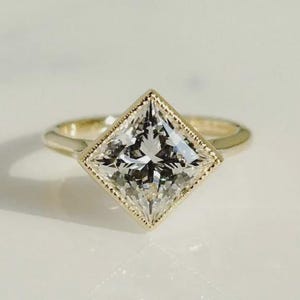 East West Diamond Engagement Ring, Princess Cut Moissanite Wedding Ring, Unique Milgrain Bezel Set Ring, 14K Solid Gold Anniversary Gift.