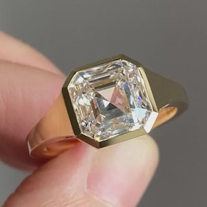 Full Bezel Set Wedding Ring, 2.5 Ct Asscher Cut Moissanite Engagement Ring, 14K Solid Yellow Gold Anniversary Ring, Moissanite Mens Ring
