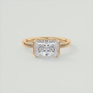 6x9 MM Elongated Radiant Cut Moissanite Solitaire-2.25 CT Iced Out Radiant-14k Solid Yellow Gold-East to West Half Bezel Set-Engagement Gift