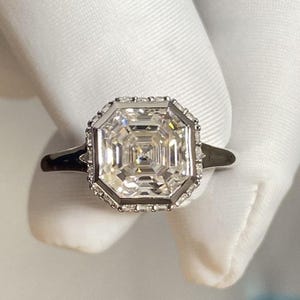 2.75 CT Asscher Cut Colorless Moissanite Diamond Engagement Ring, Bezel Set Solitaire Wedding Ring, Halo Style Ring Gift