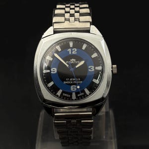 Vintage Fortis schwarzes Zifferblatt Herren Armbanduhr Bewegung Nummer St96 Made in Swiss