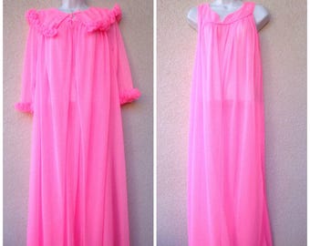 1960s Nightgown & Peignoir Set. Bubblegun Pink Nightgown Peignoir Set. Silky Nylon Gown and Robe. Long Gown and Robe. Frilly Ruffles. B 52"