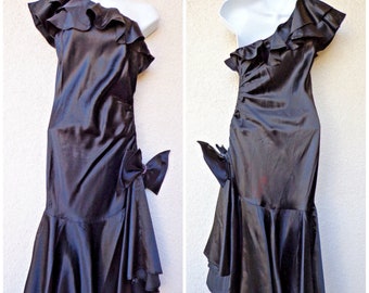 1990s PROM DRESS by Gunne Sax - One Shoulder, Mermaid Style, with a High - Low Hem and a Big Bow. Size XS to S