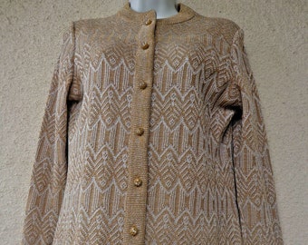 Vintage CARDIGAN SWEATER in Gold and Silver Metallic Lurex with Rinestone Buttons. Circa 1960s. Size M to L -  40" Bust