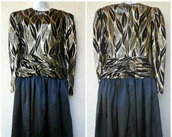 1980s PROM DRESS by Halston III with a Gold Lame' Animal Print Bodice, and a Full  Black Satin Skirt. Size S