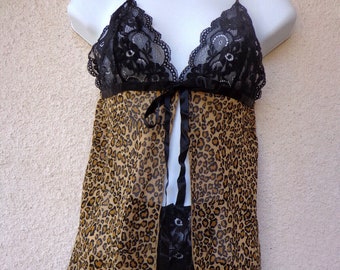Vintage Victorias Secret Babydoll Nightie & Panty Set.  Sheer Chiffon with a Leopard Print and Black Lace Thong. Size S
