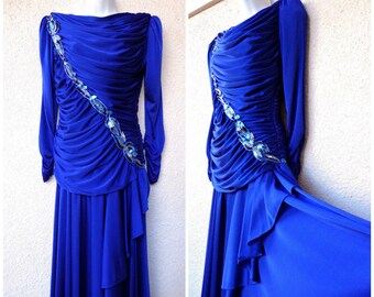 1980s  PROM / PARTY DRESS in Blue with Sequins and Beads. Size  M