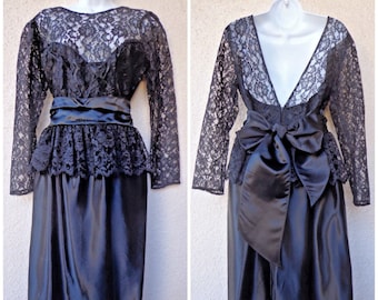 Vintage 1980s Prom Dress by Gunne Sax --Lace & Satin with a HUGE Bustle Style Bow abd Peplum. Size S to M