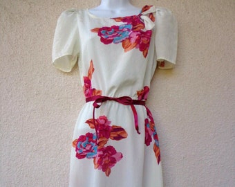 Vintage DISCO DRESS - Sheer, with a Floral Print and Puff Sleeves. Circa 1970s.  Size S to M