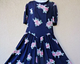 Vintage MIDI DRESS  - Floral with a Drop Waist and a Full Skirt.  Size M to L