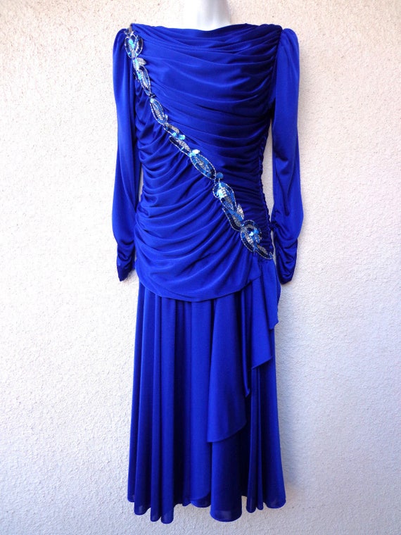 1980s  PROM / PARTY DRESS in Blue with Sequins an… - image 2