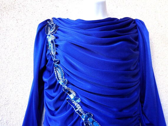 1980s  PROM / PARTY DRESS in Blue with Sequins an… - image 4