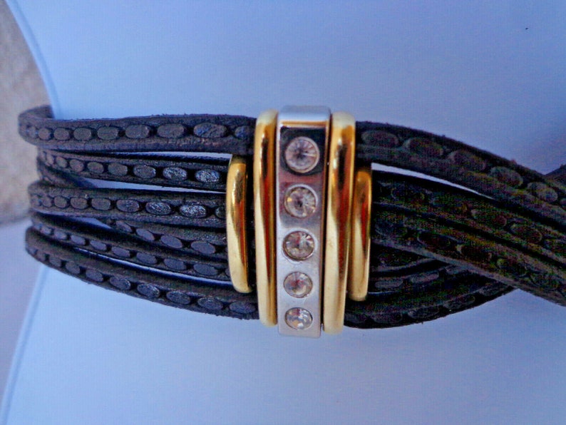 Made in Italy 30 Waist 1990s 5 Strand LEATHER BELT with a HUGE Goldtone Rhinestone ABuckle