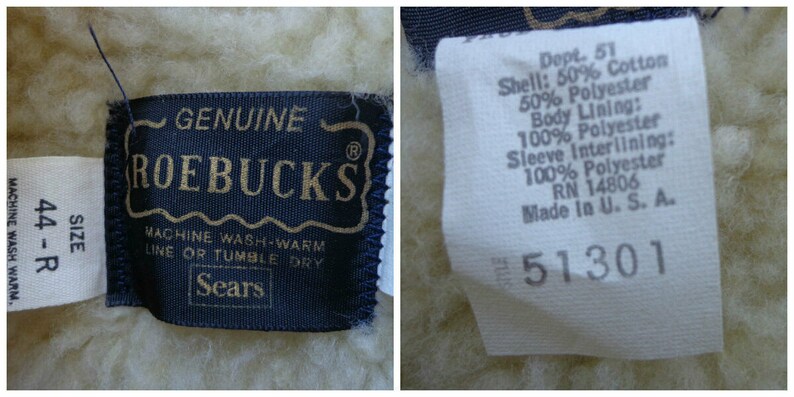 Size 44R Vintage Men/'s Roebucks DENIM CHORE COAT with Faux Sherpa Lining /& Trim