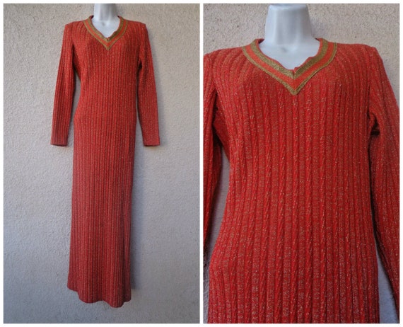 Vintage 1970s MAXI DRESS in Red and Gold Lurex. S… - image 1