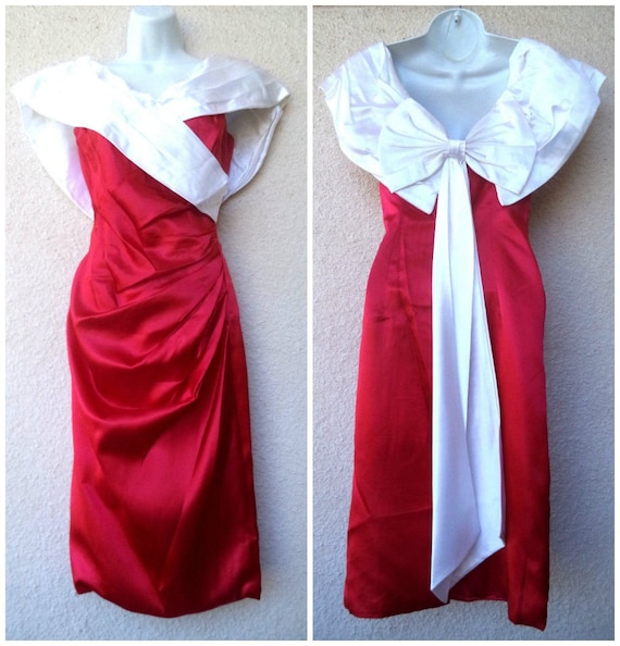 1980s Cocktail Party DRESS. Red & White Satin Prom