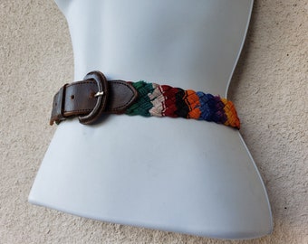 Vintage Colorful Woven / Braided Fabric and Leather Belt - Made in Guatemala. Fits 31” - 36" Waist / Hips