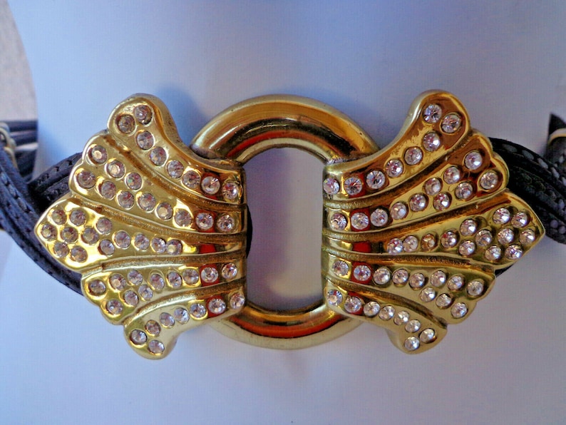 Made in Italy 30 Waist 1990s 5 Strand LEATHER BELT with a HUGE Goldtone Rhinestone ABuckle
