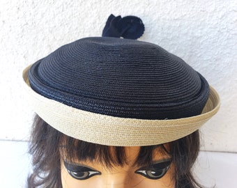 Vintage 1950s 60s Pillbox HAT in Faux Straw with a  Sculptural Floral Accent and Original Hatpin