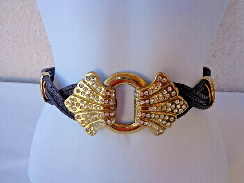 Made in Italy 30 Waist 1990s 5 Strand LEATHER BELT with a HUGE Goldtone Rhinestone ABuckle