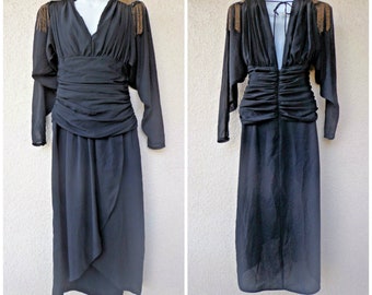 1980s Prom / Party Dress in Black with Beaded Shouder Accents and an Asymmetrical Wrap Skirt. Size XS