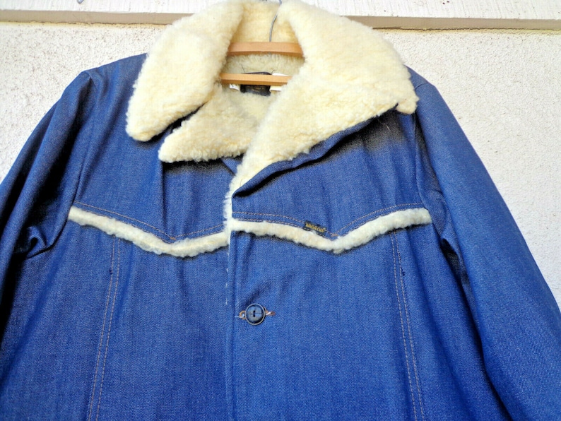 Size 44R Vintage Men/'s Roebucks DENIM CHORE COAT with Faux Sherpa Lining /& Trim