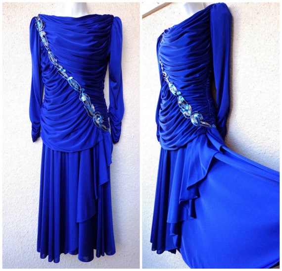 1980s  PROM / PARTY DRESS in Blue with Sequins an… - image 1