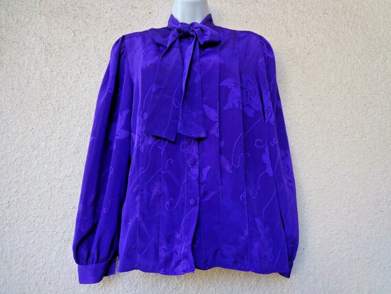 1980s Secretary Blouse in Bright Purple with Long… - image 4