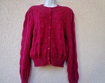 Vintage Red CARDIGAN SWEATER in a Fuzzy Mohair Blend.  By Designer St Michael, Circa 1990s