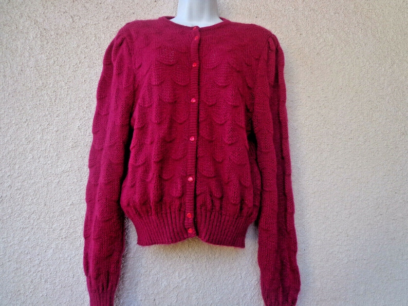 Vintage Red CARDIGAN SWEATER in a Fuzzy Mohair Blend. By Designer St Michael, Circa 1990s image 1
