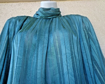 Vintage Victorian Style BLOUSE in Green Satin with Gold Metallic Stripes and a High Collar. Circa 1980s. Size L