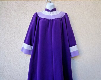 1970s VELOUR ROBE in Purple with Colorblock Stripes and a Zip Front.  Size S to M