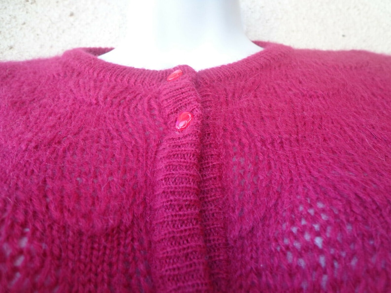 Vintage Red CARDIGAN SWEATER in a Fuzzy Mohair Blend. By Designer St Michael, Circa 1990s image 4