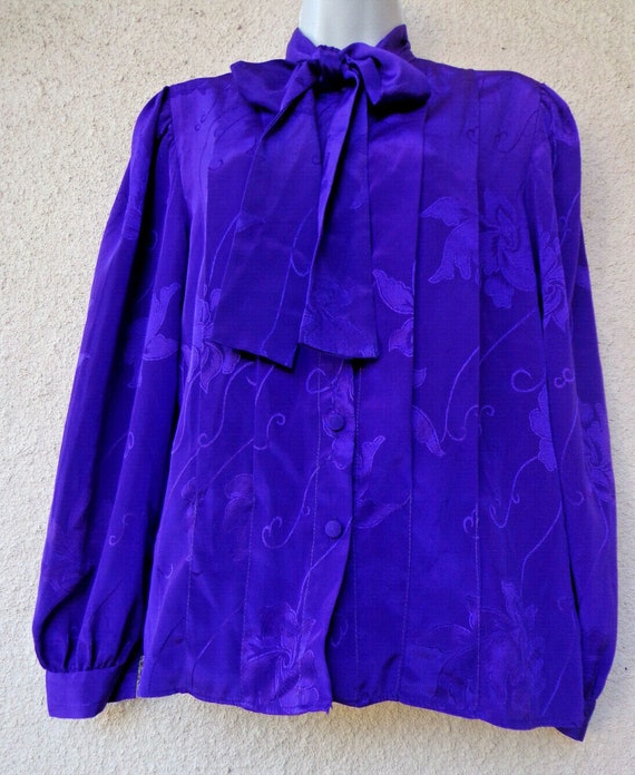 1980s Secretary Blouse in Bright Purple with Long… - image 3